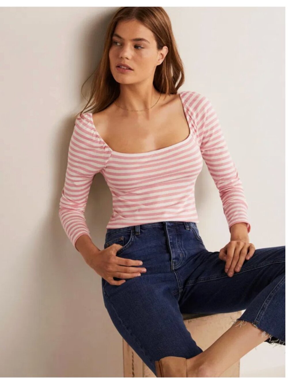 Boden Pink & White Striped Long Sleeve Square Neck Jersey Top Women’s Size 10